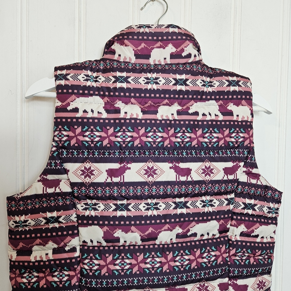 Lands’ End Down Puffer Vest Size S Reindeer Bear Print Snow Holiday Winter Xmas - Picture 9 of 14